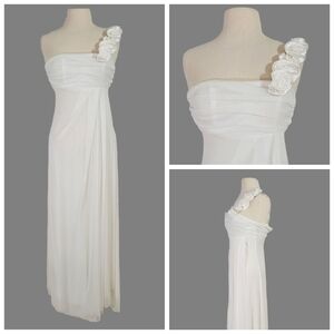 Eureka Rosette Empire Waist White Chiffon Long One Shoulder Wedding Prom Gown